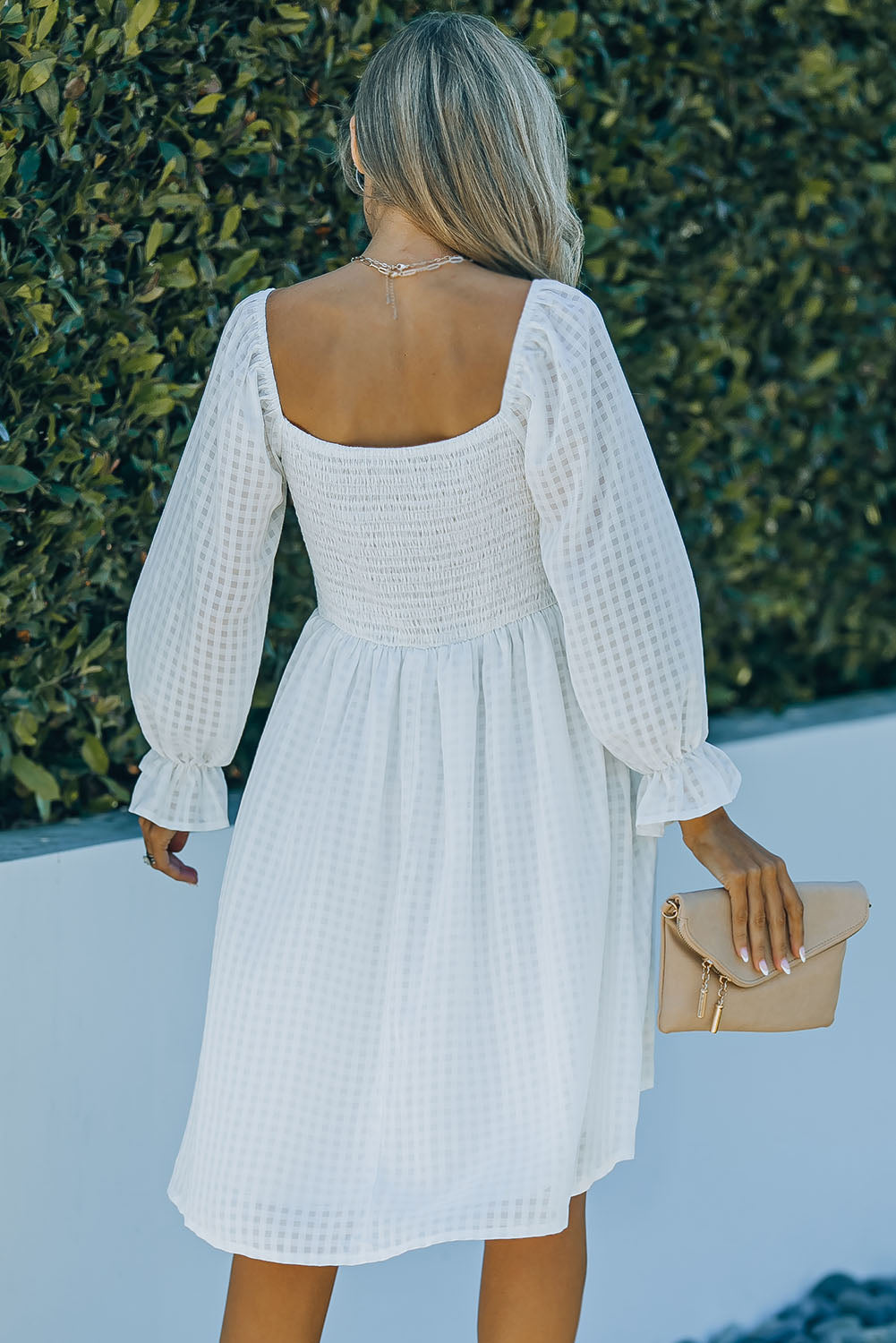 White Square Neck Smocked Back A-line Dress