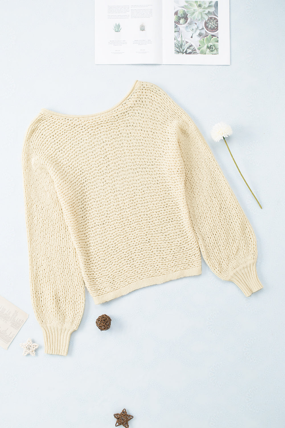 Apricot Sheer Openwork Knit Sweater