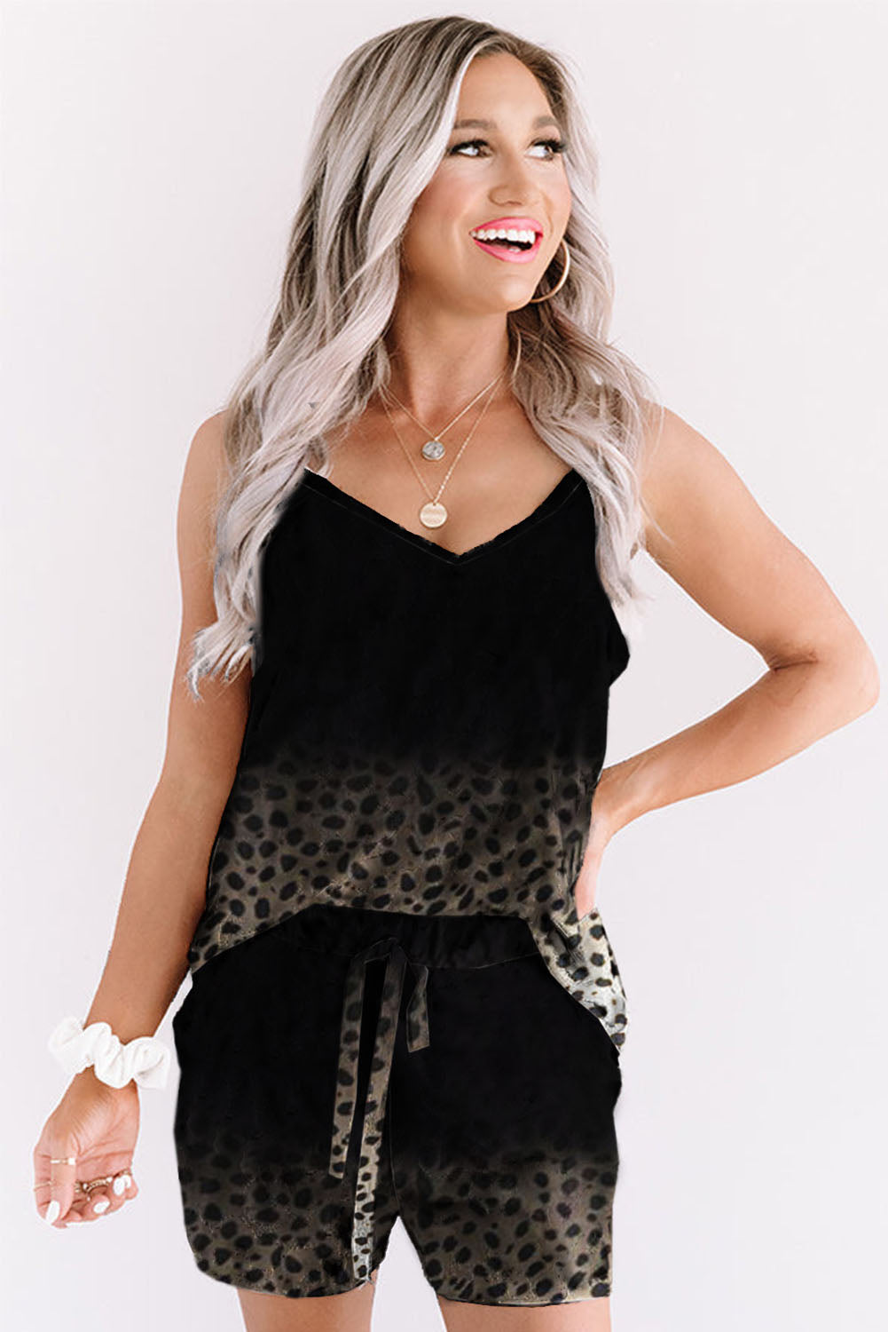 Black Gradient Leopard Lace V Neckline Tank Top