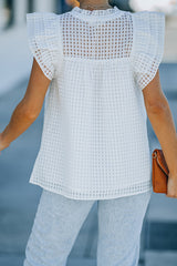 White Grid Pattern Ruffled Shoulder Top