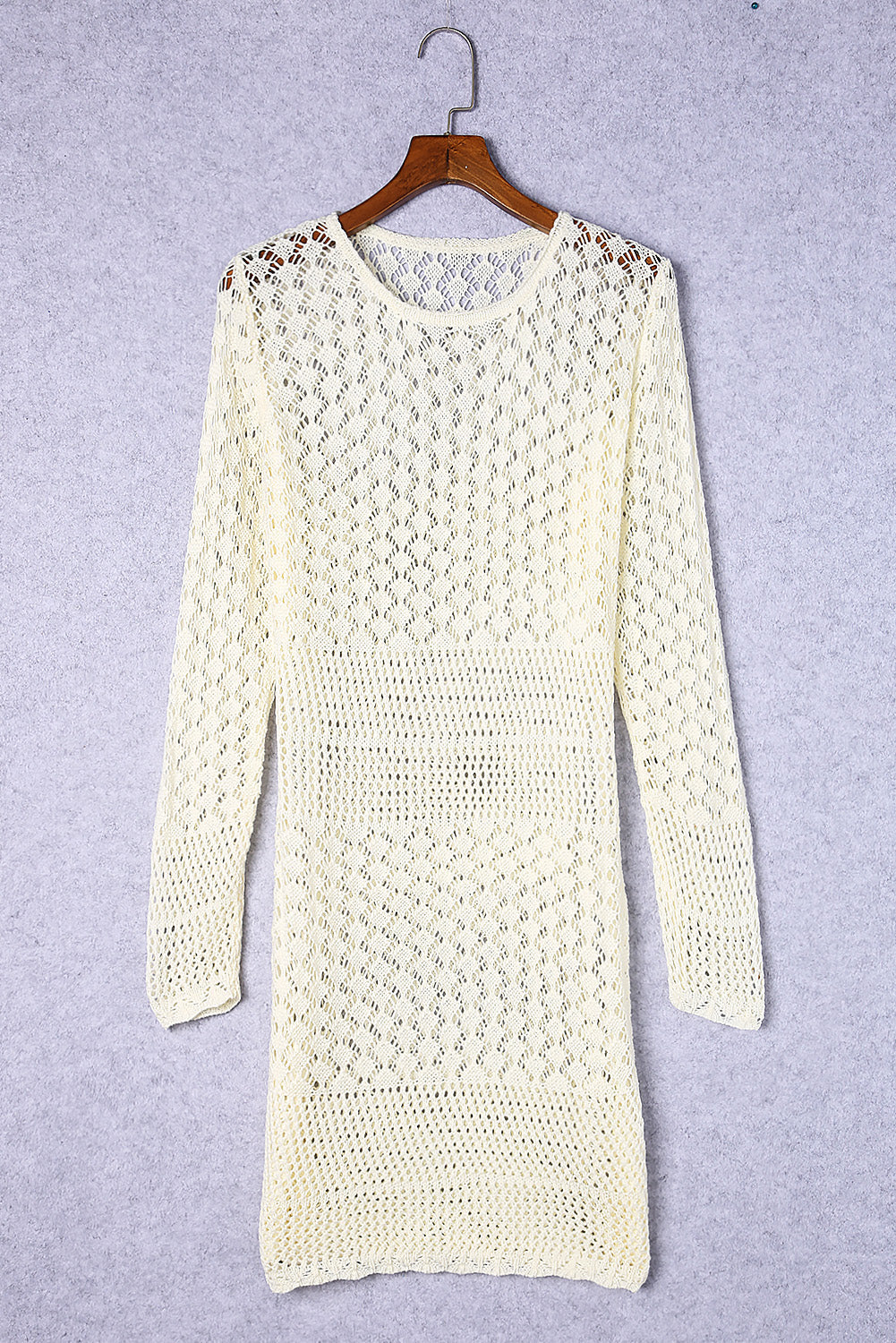 Beige Crochet Hollow-out Long Sleeve Beach Dress