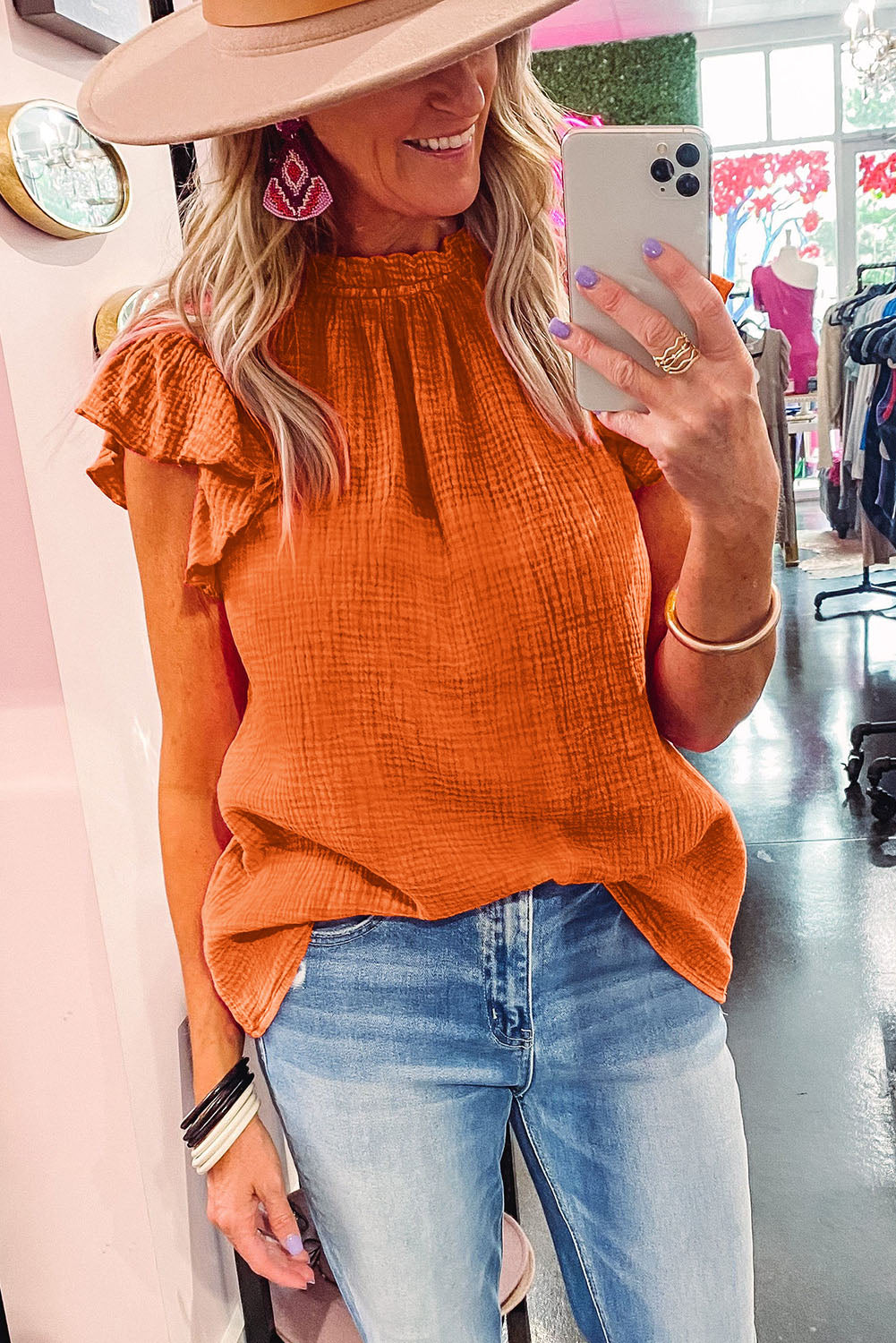 Rose Flutter Sleeve Frilled Neck Textured Blouse