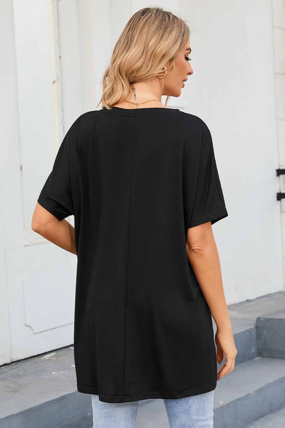 Black Side Pockets Short Sleeve Tunic Top