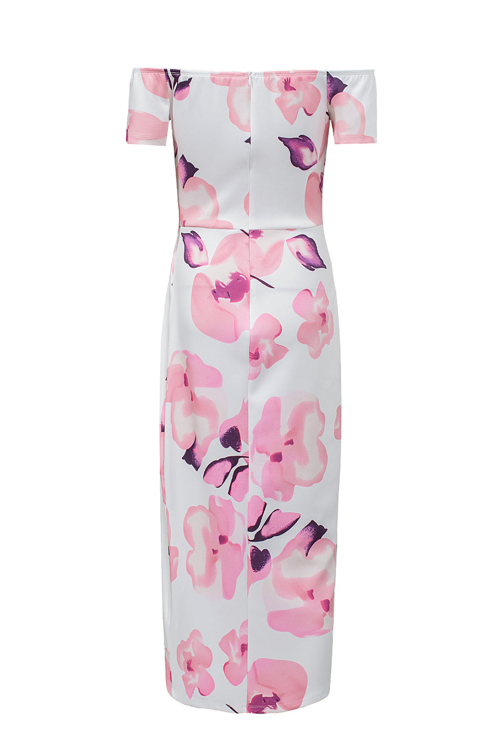 Pink Floral Print Off Shoulder Slit Bodycon Midi Dress