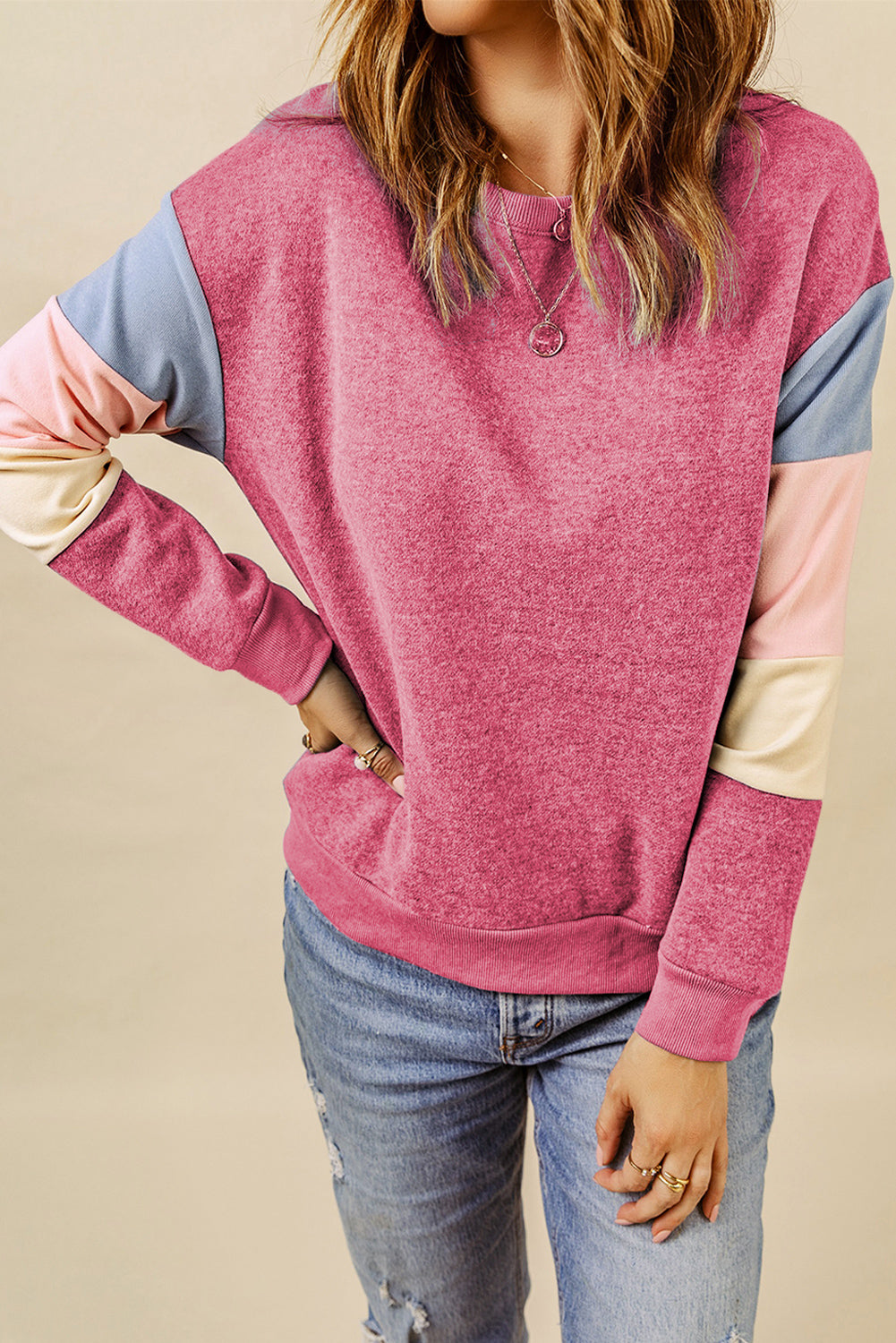 Blue Colorblock Long Sleeve Pullover Sweatshirt