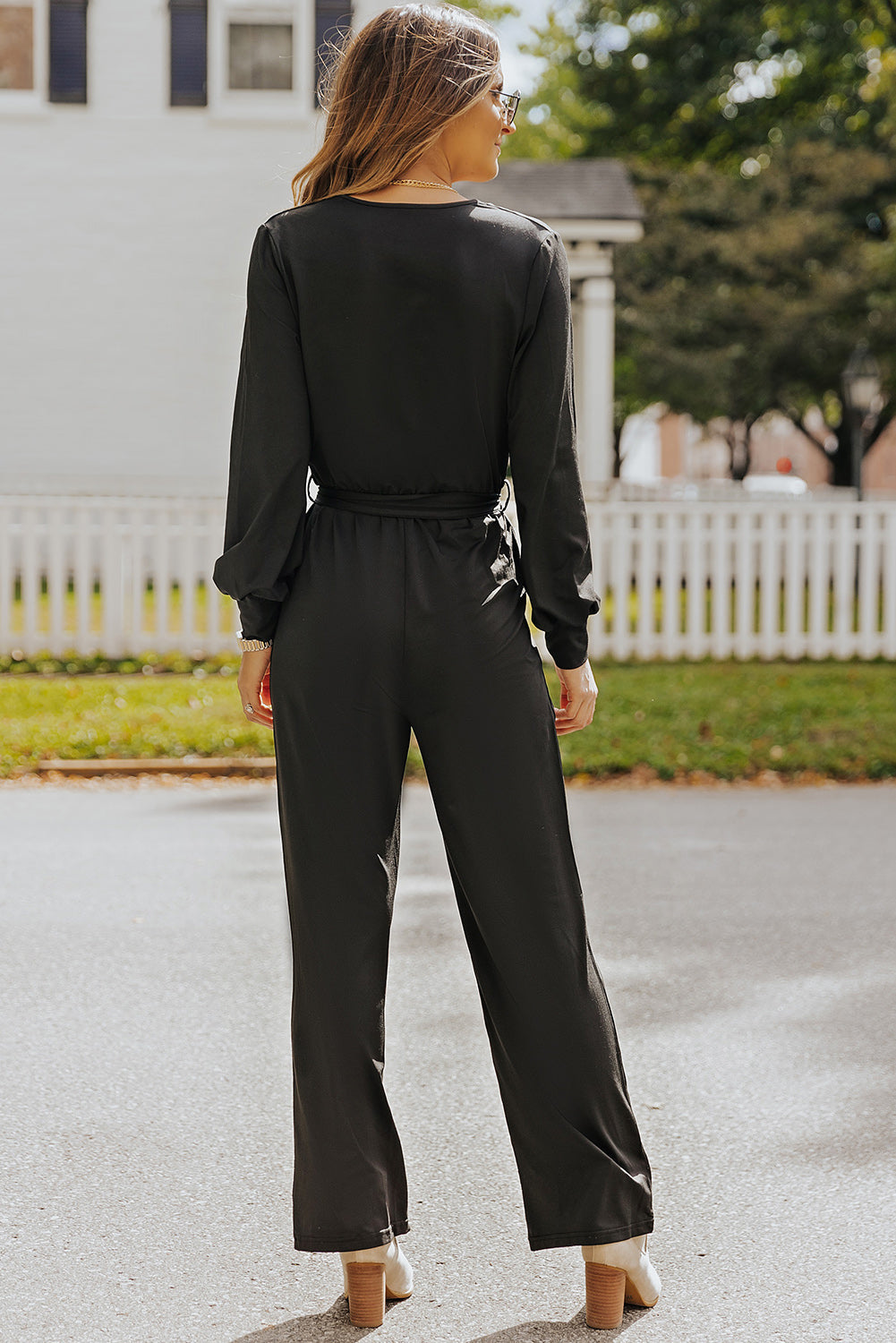 Black V Neck Wrap Waist Tie Long Sleeve Jumpsuit