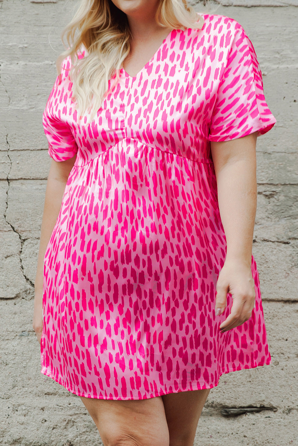 Pink Leopard Print V Neck Plus Size Babydoll Mini Dress