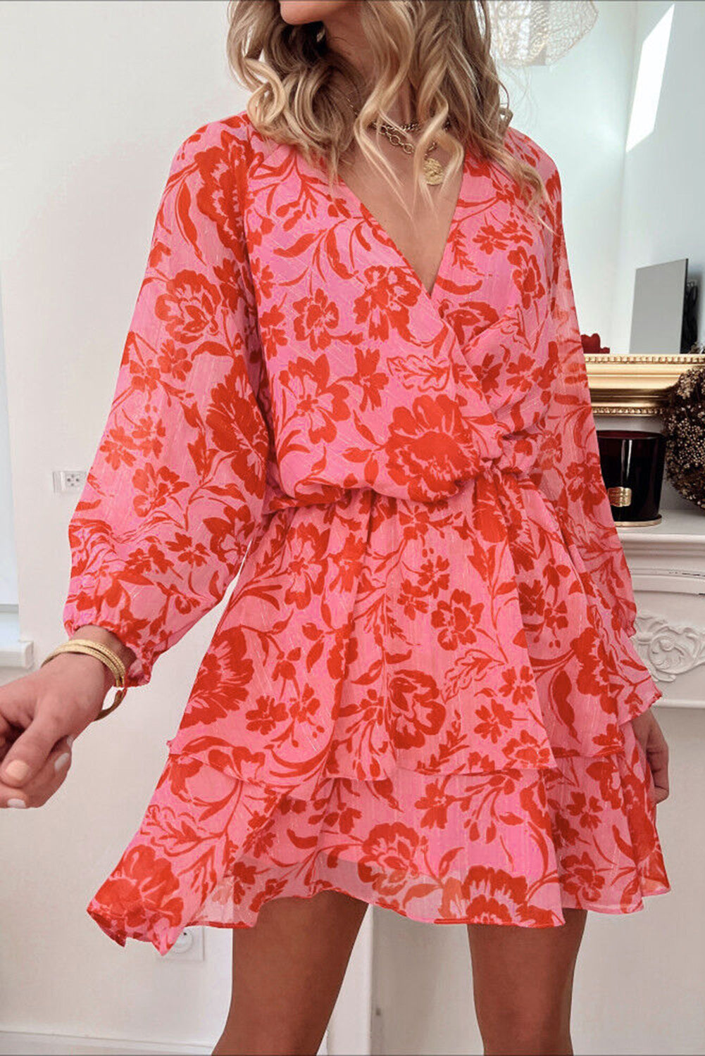 Red Floral Ruffle Layered Puff Sleeve Surplice Dress