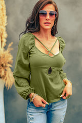 Green Cut Out Criss Cross Sweetheart Neck Long Sleeve Top