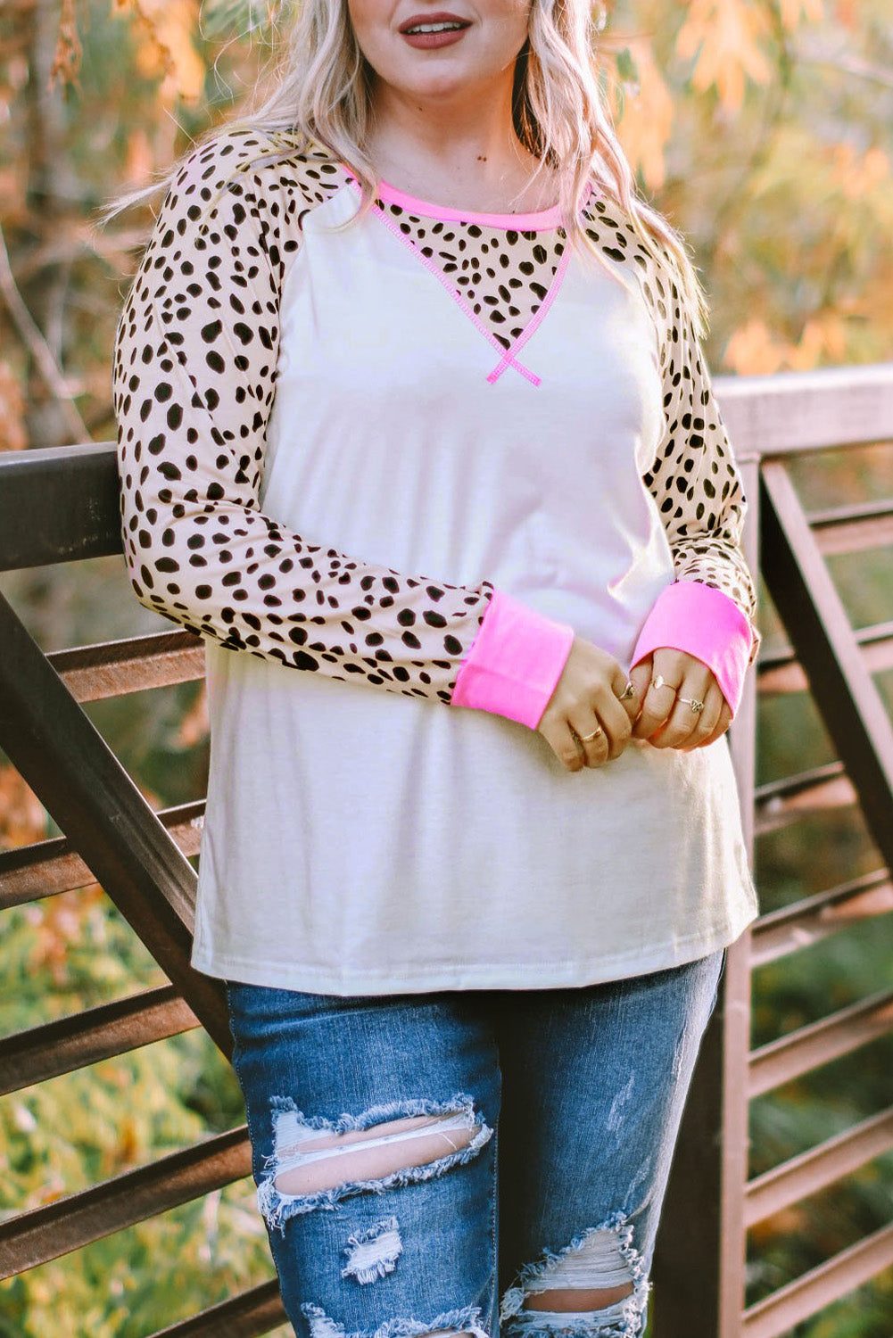 White Leopard Patchwork Long Sleeve Plus Size Top