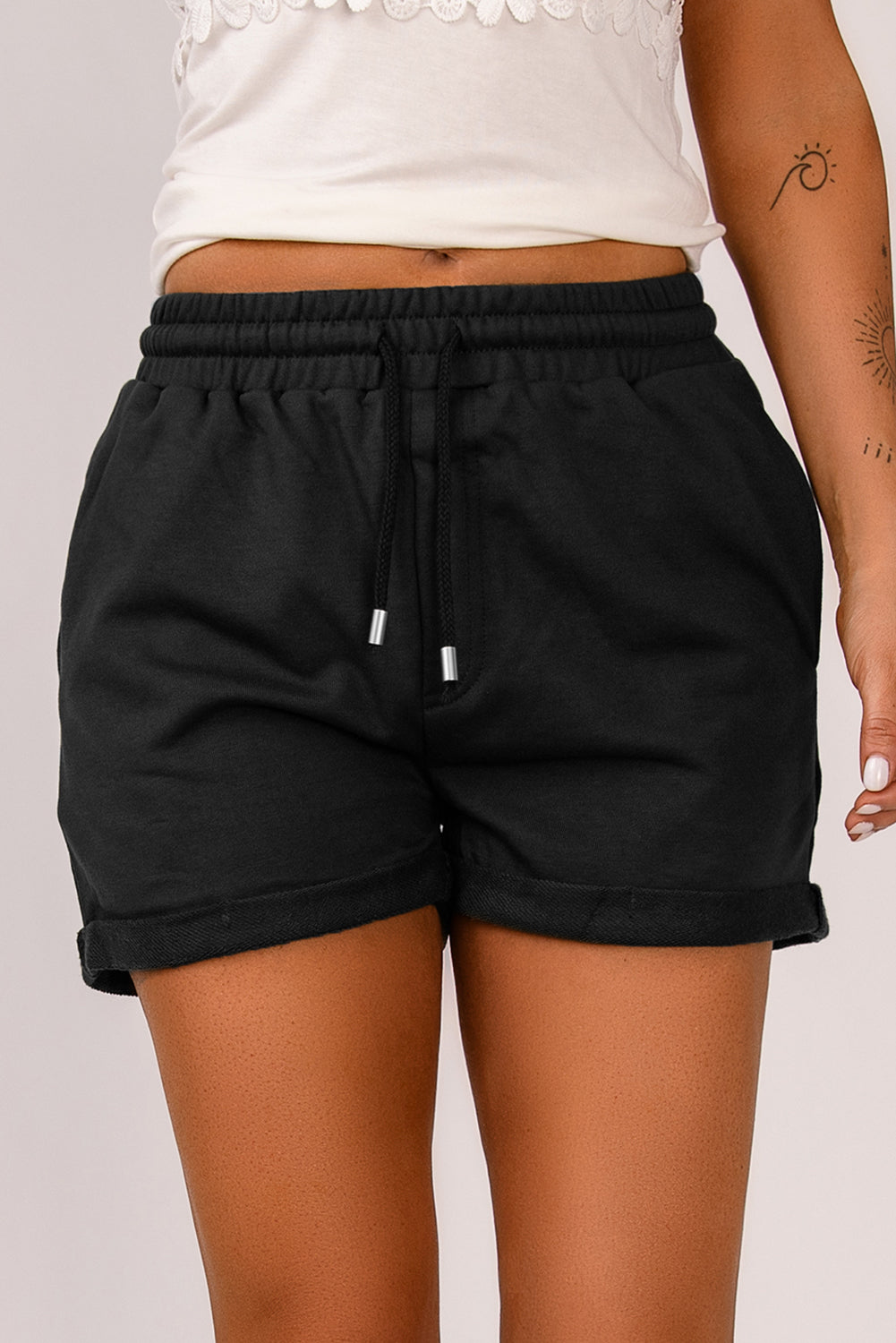 Green Tie Waist Side Pockets Cuffed Lounge Shorts