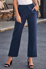 Blue Drawstring Elastic Waist Pockets Long Straight Legs Pants