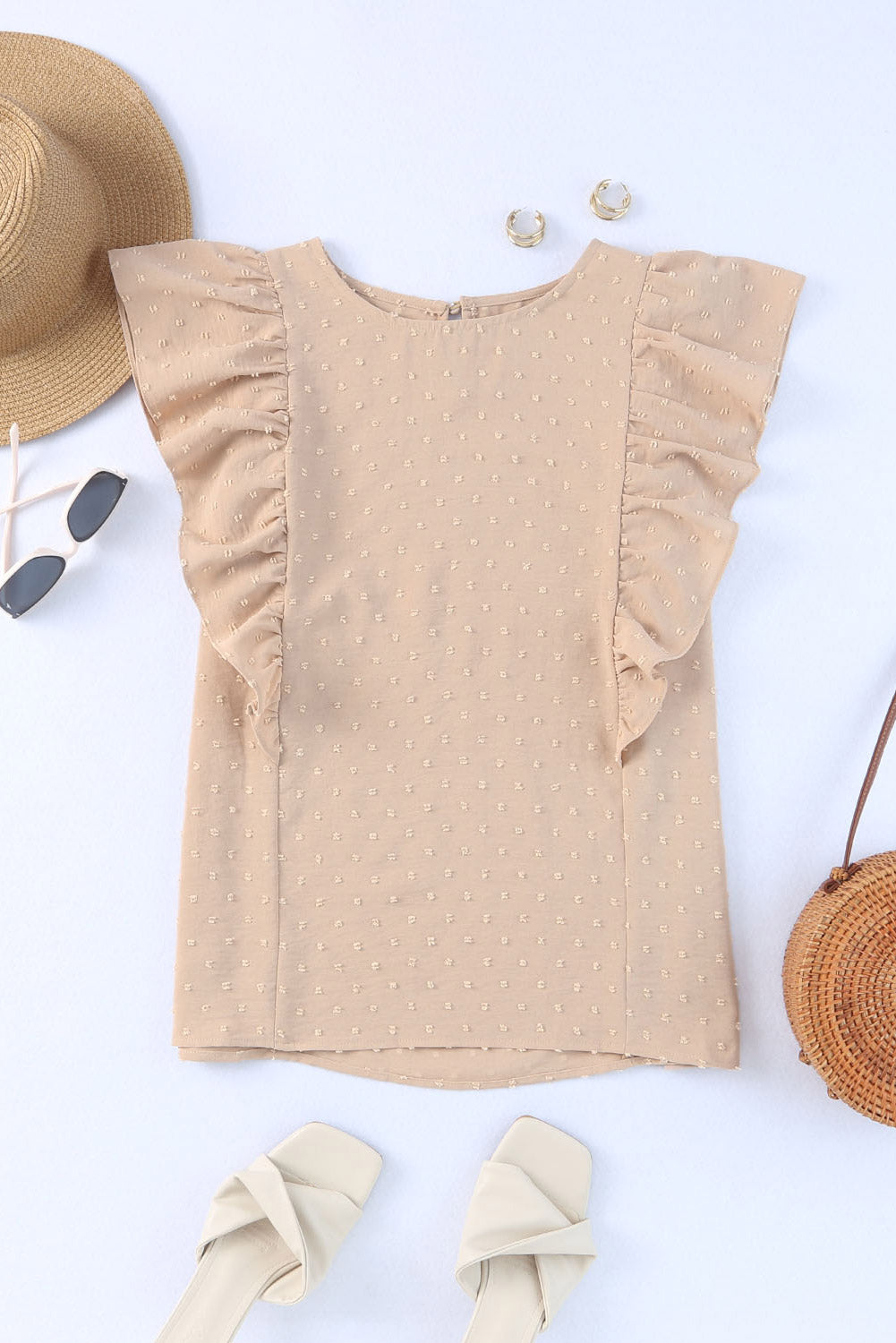 Khaki Swiss Dot Ruffle Armhole Tank Top