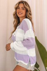 Pink Striped Knit Button Ribbed Split Neck Sweater