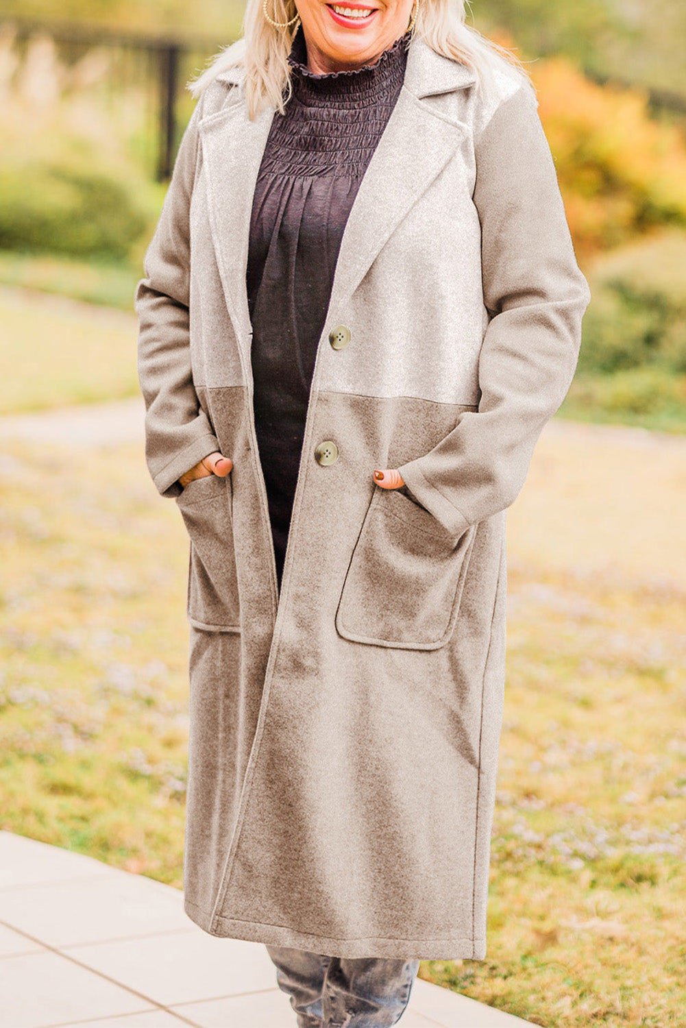 Khaki Plus Size Colorblock Lapel Collar Long Coat