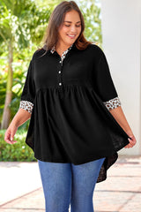 Black Plus Size Leopard Trim Frayed Babydoll Top