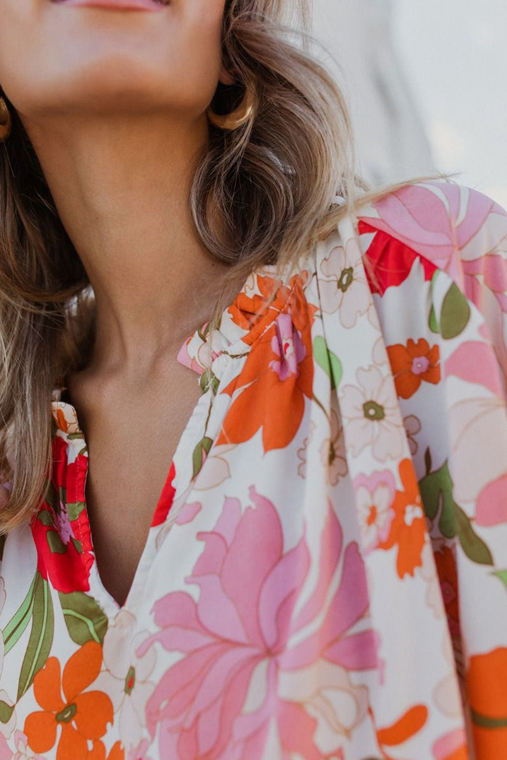 Orange Blooming Flowers Frill Trim Puff Sleeve Blouse