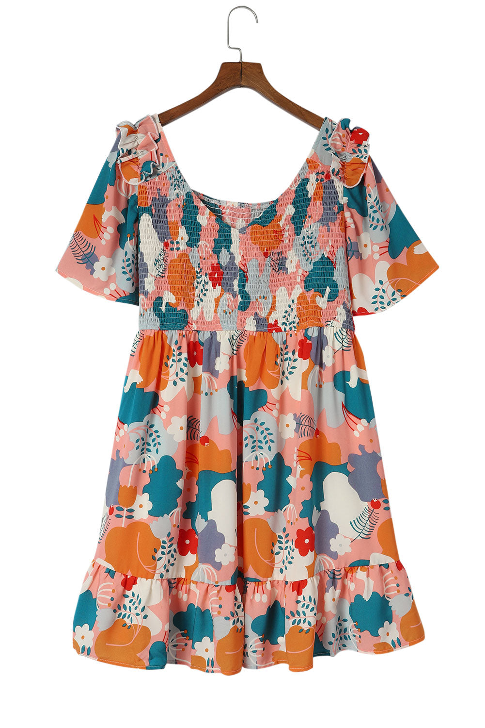 Multicolor Plus Size Shirred Mixed Print Ruffle Dress