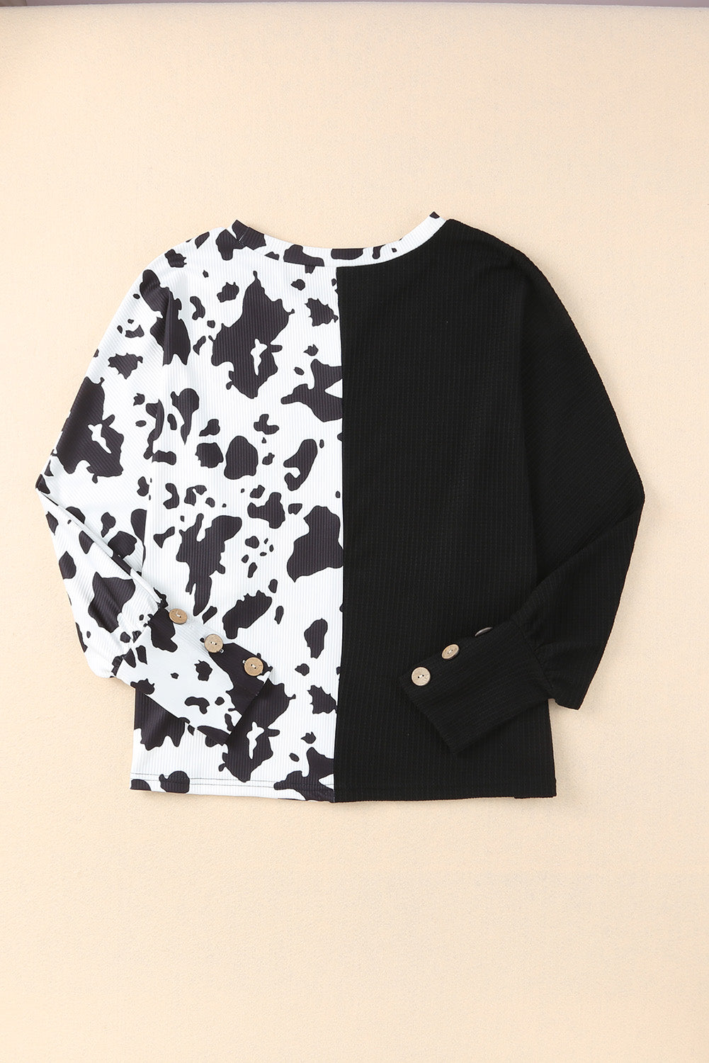 Black Cow Patchwork Waffle Knit Long Sleeve Top