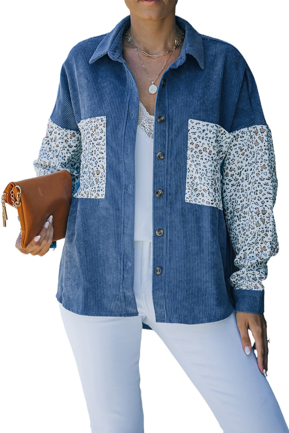 Gray Leopard Patchwork Corduroy Buttoned Shirt Jacket