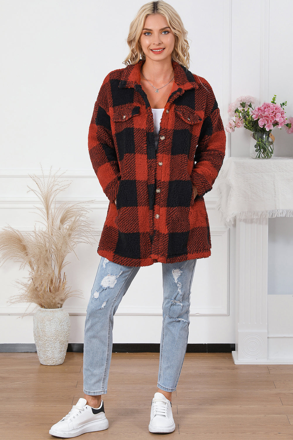 Brown Fuzzy Plaid Flap Button Up Midi Coat
