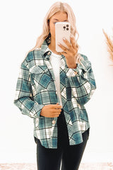 Green Plaid Pattern Flap Pockets Shirt Jacket