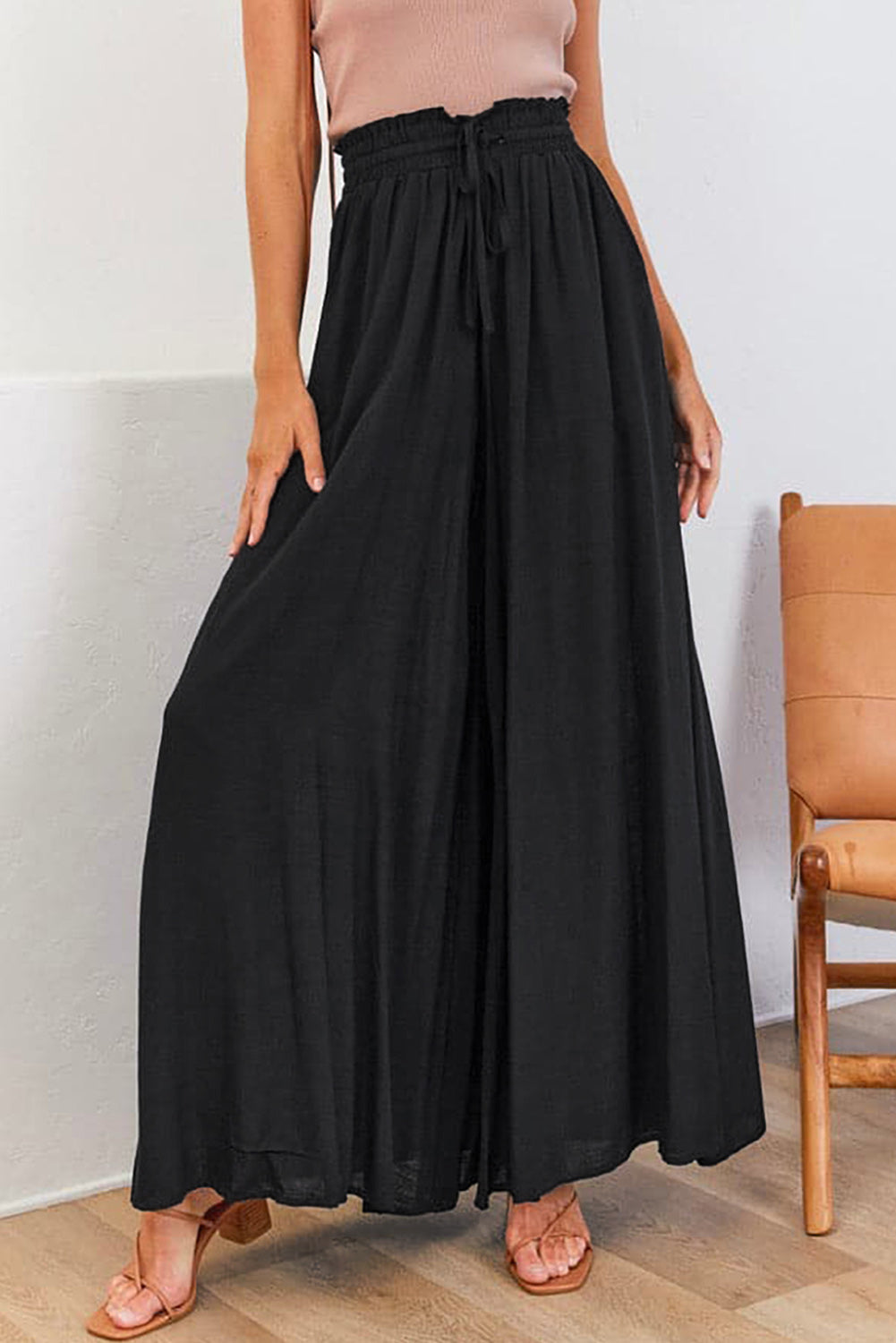 Beige Drawstring Smocked High Waist Wide Leg Pants