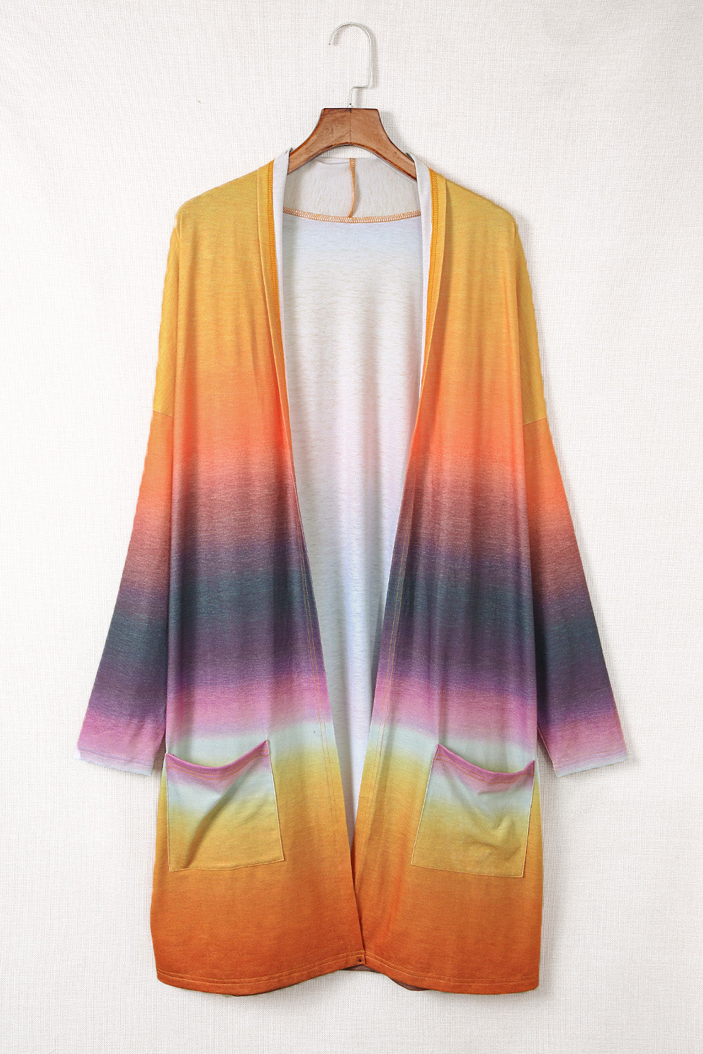 Yellow Gradient Tie-dye Open Front Mid-length Cardigan