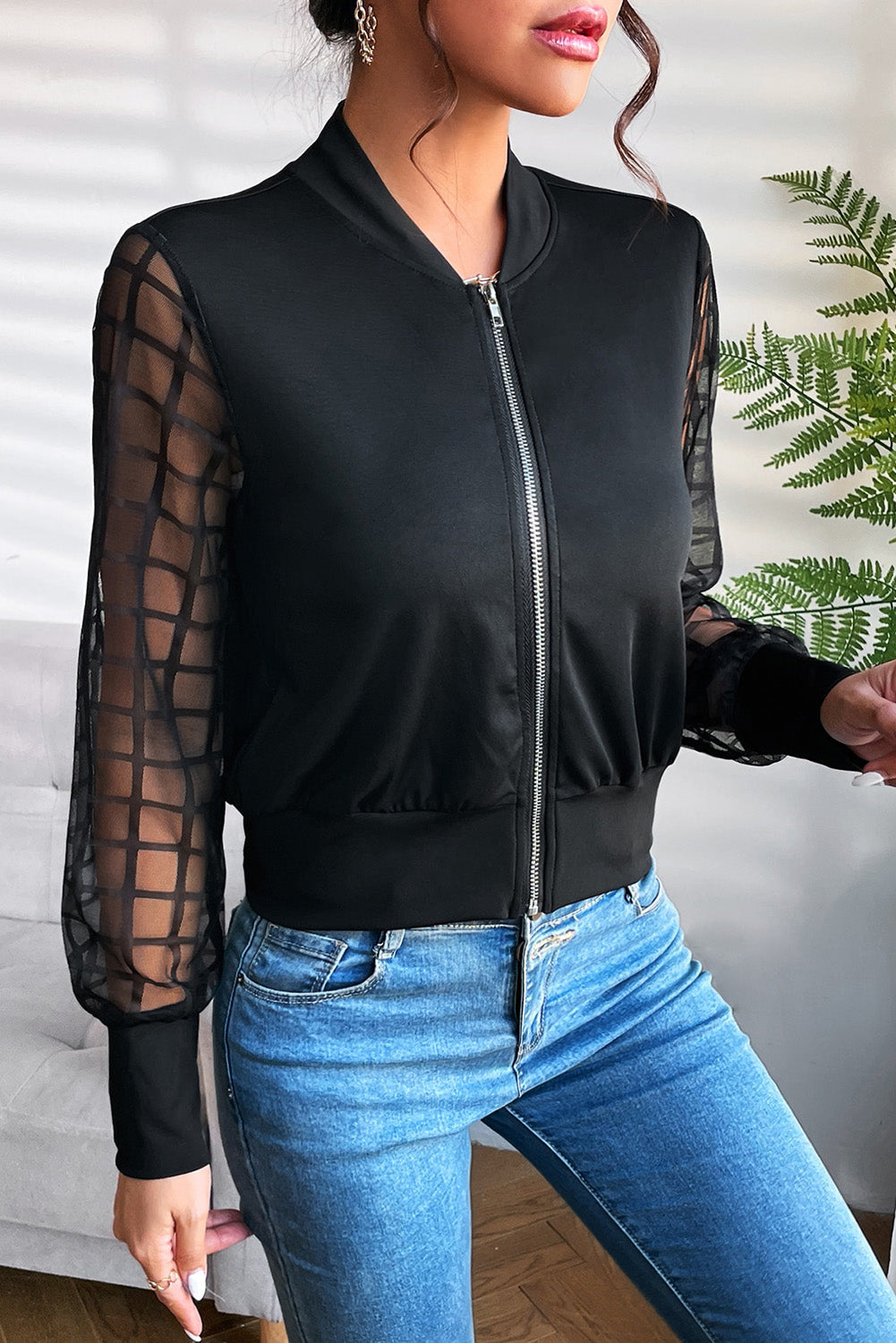 Black Latticed Mesh Sleeve Zip Up Bomber Jacket