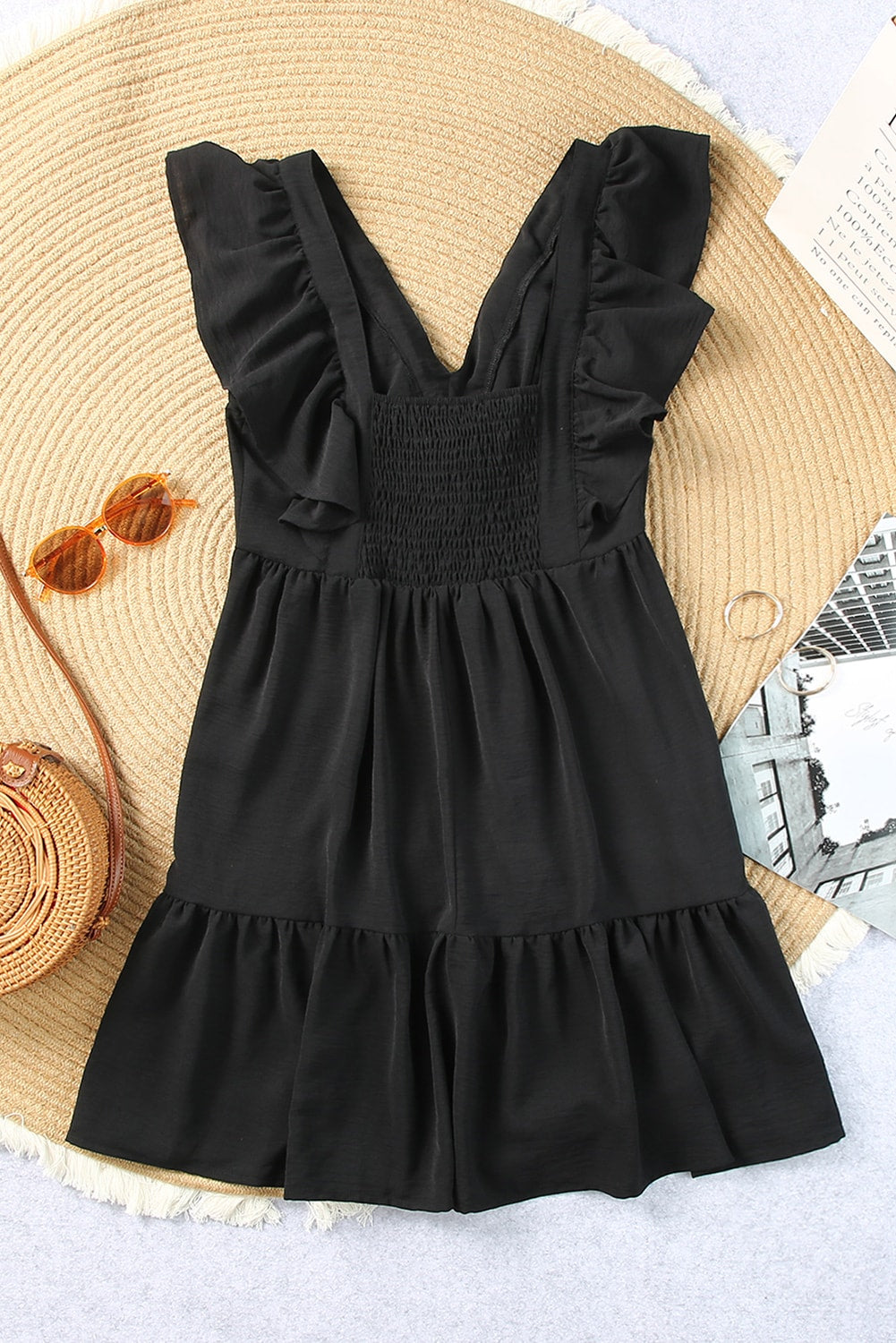 Blue Ruffle Trim V Neck Smocking Back Mini Dress