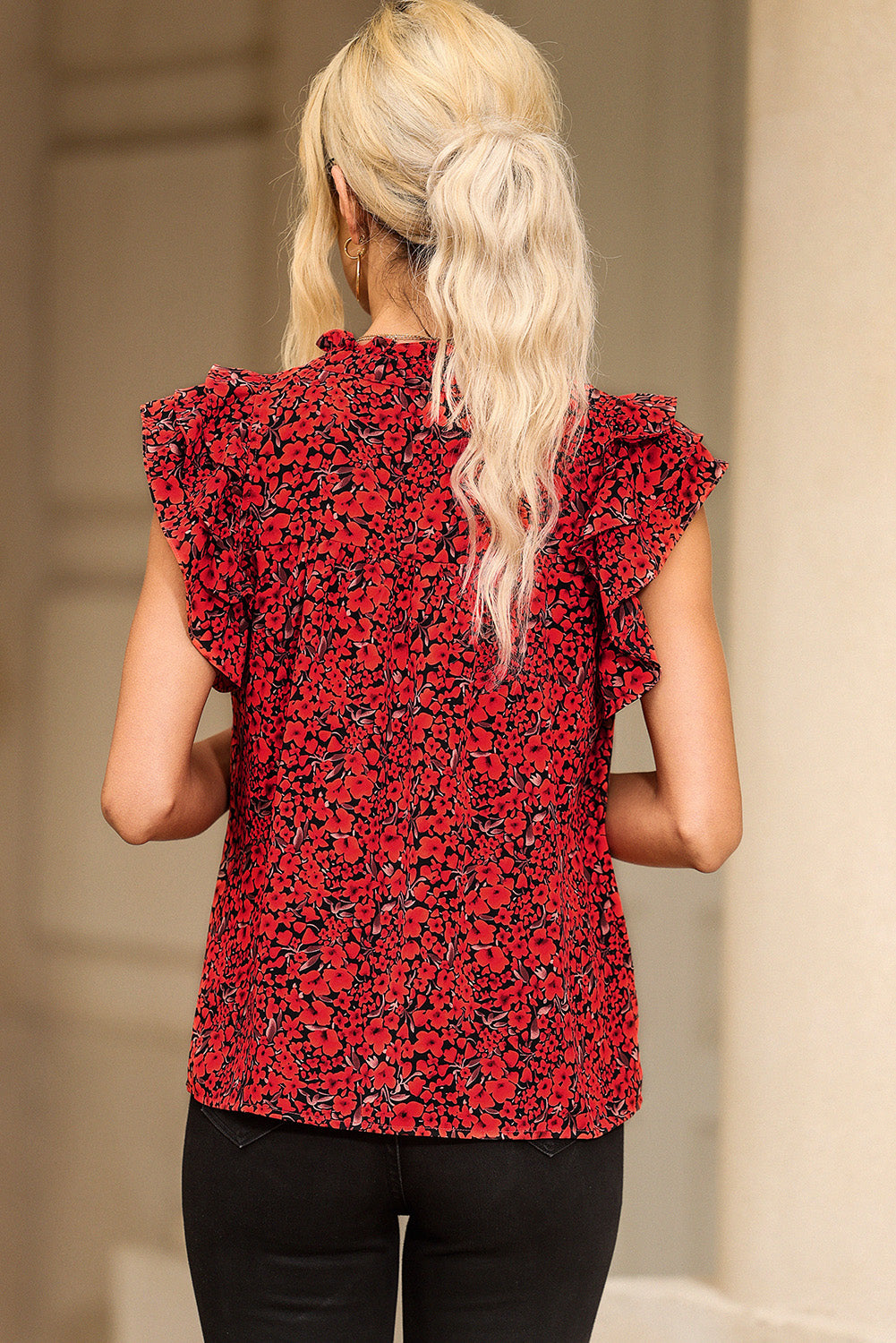 Khaki Floral Print Tiered Flutter Sleeve V Neck Top