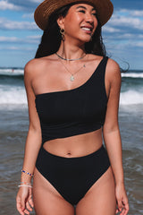 Black Asymmetric Bare Shoulder Cutout One Piece Swimsuit