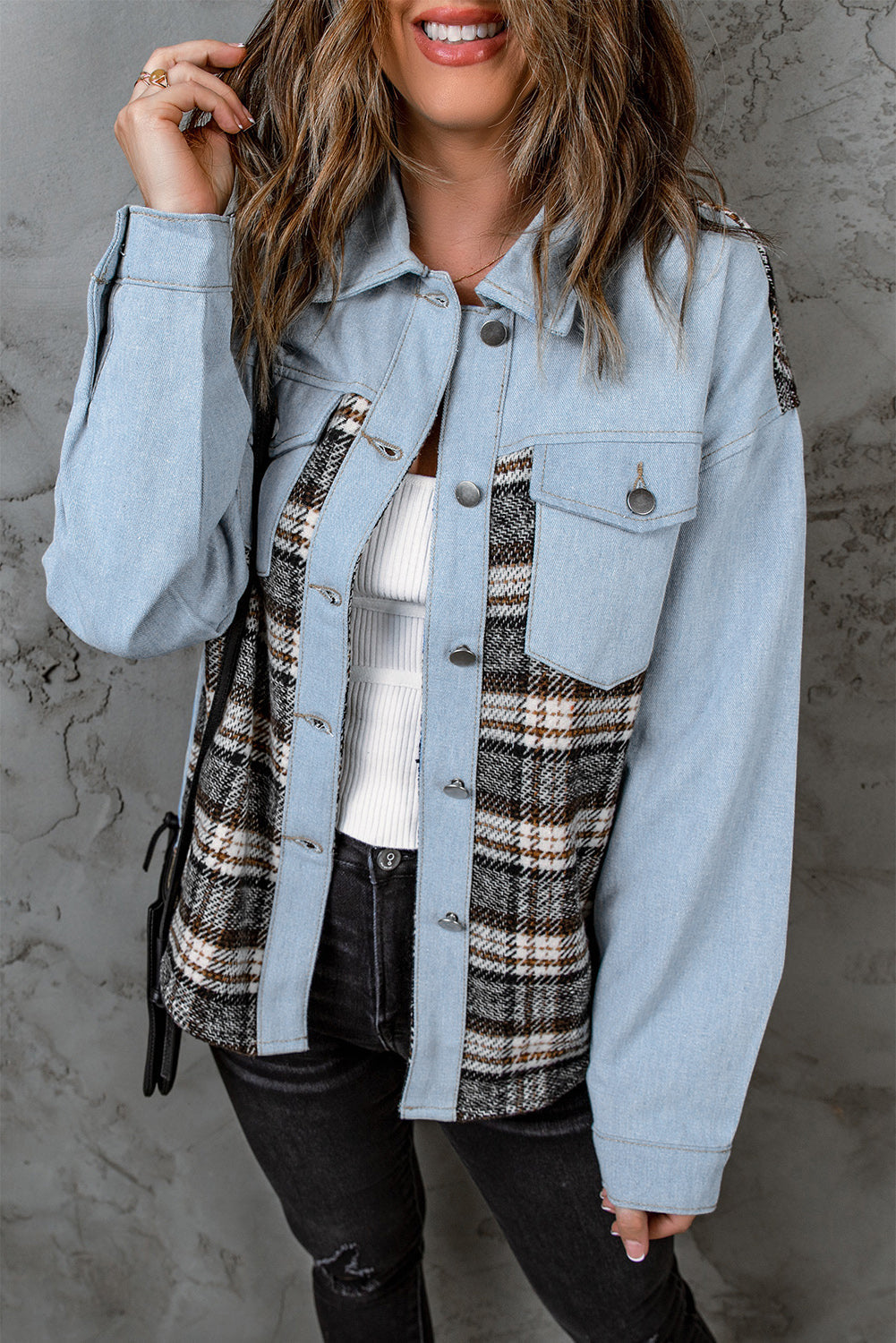 Sky Blue Plaid Patchwork Raw Hem Denim Jacket