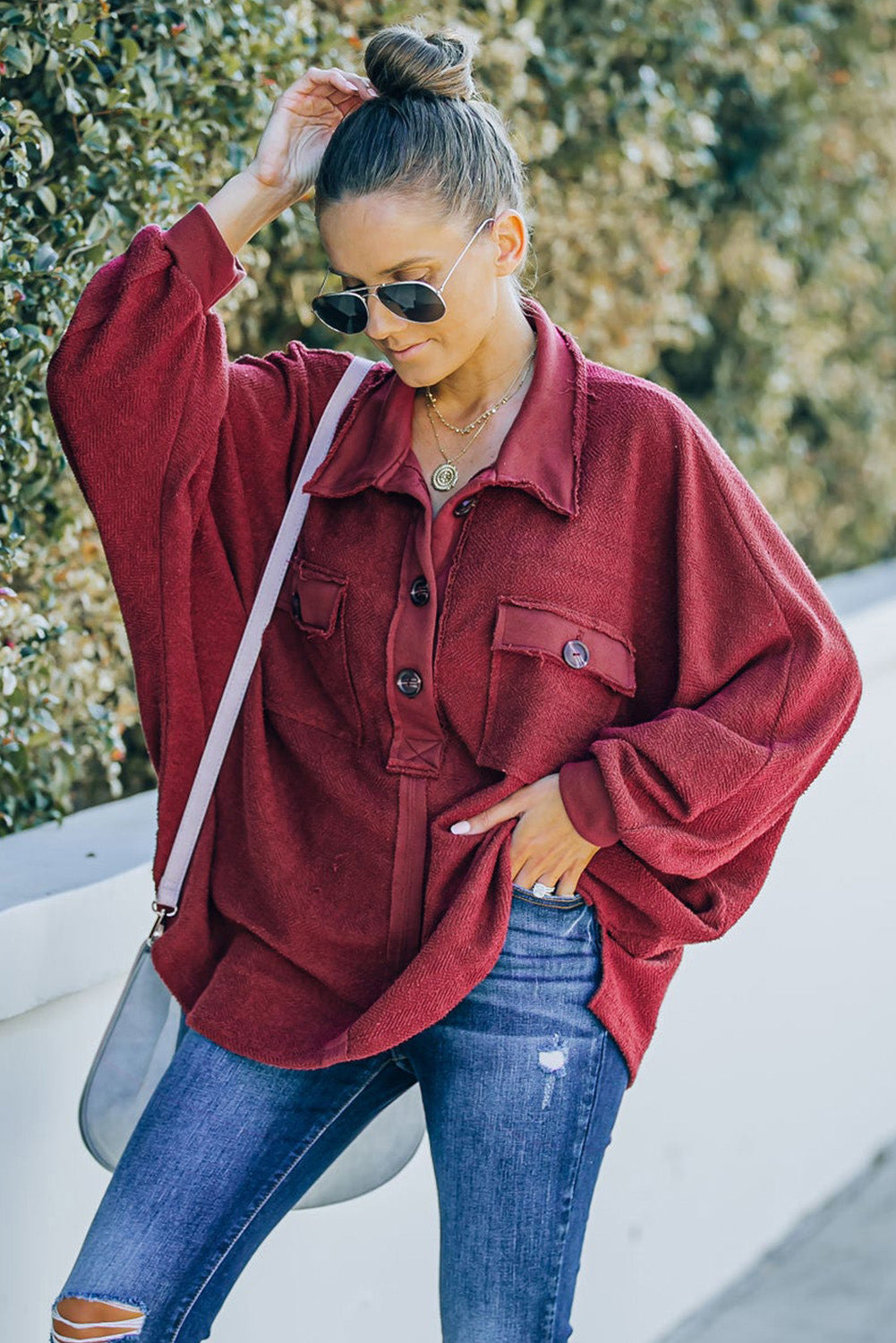 Black Polo Collar Buttoned Patchy Top with Pockets