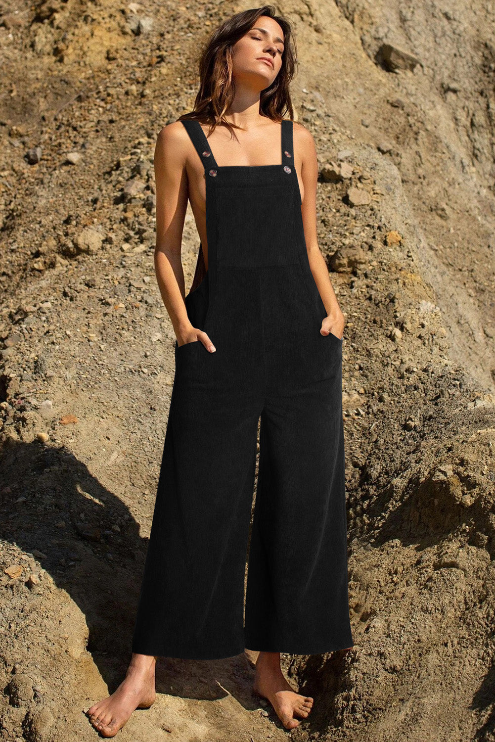 Red Solid Color Corduroy Wide Leg Bib Overalls