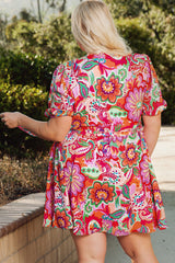 Multicolor Boho Paisley Floral Print Wrap V Neck Puff Sleeve Plus Size Dress