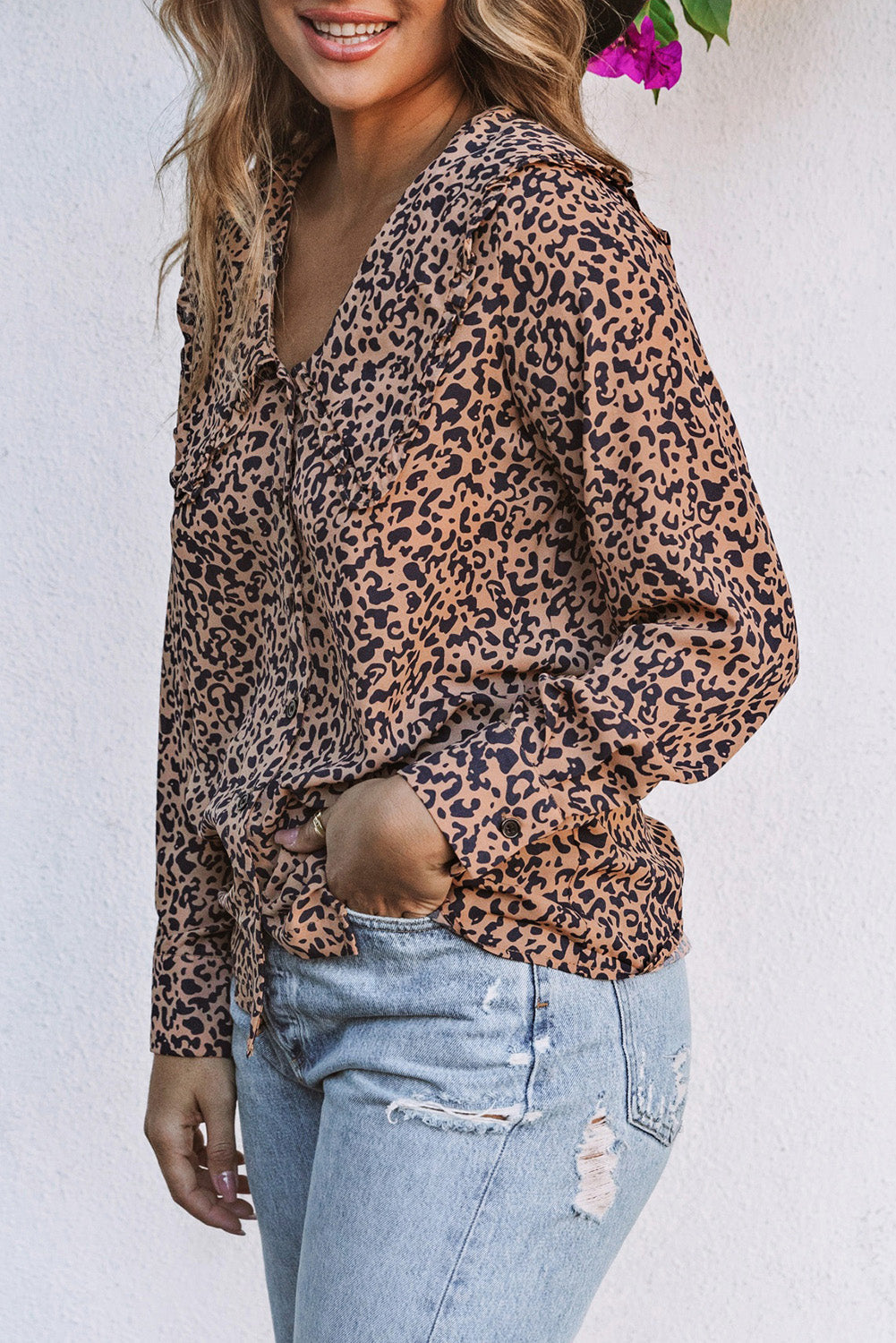 Leopard Print Buttoned Frilled V Neck Top