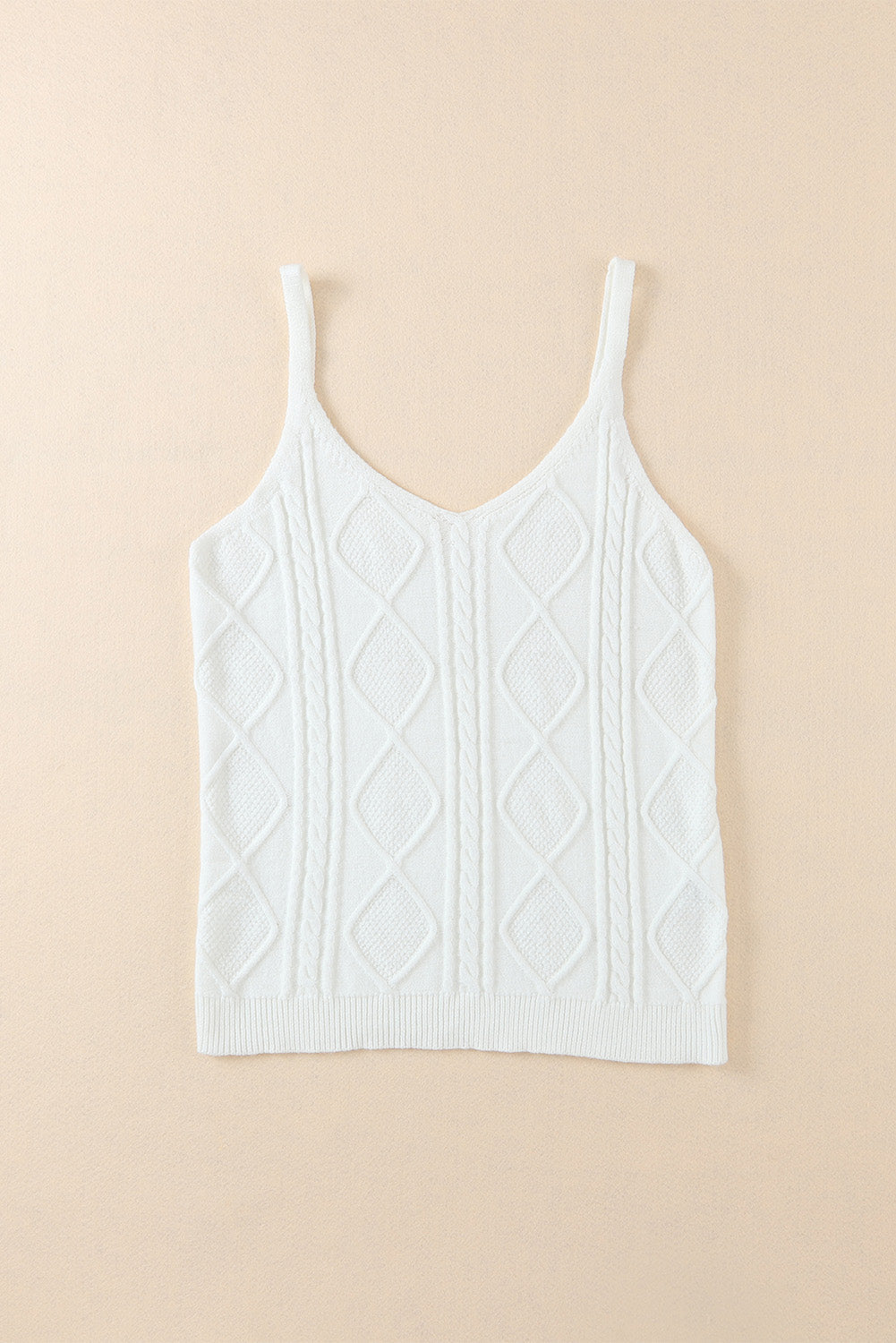 White Geometric Cable Knit Textured Tank Top