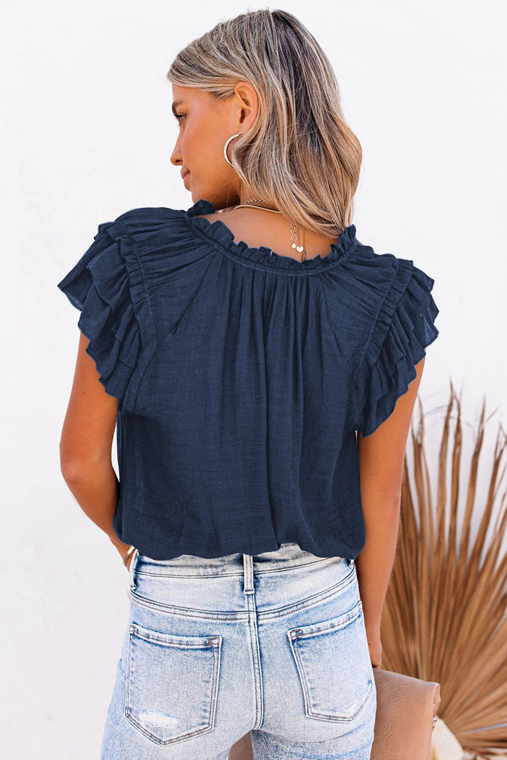 Gray Tiered Ruffled Drawstring V Neck Top