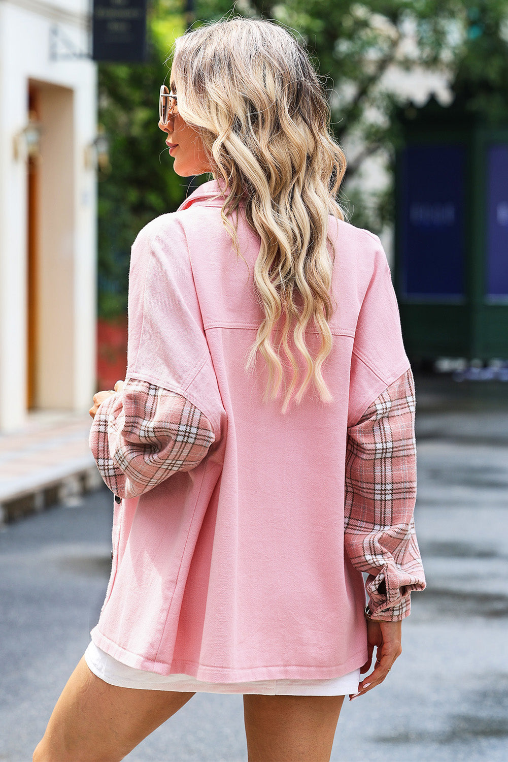 Pink Plaid Patchwork Raw Hem Shacket