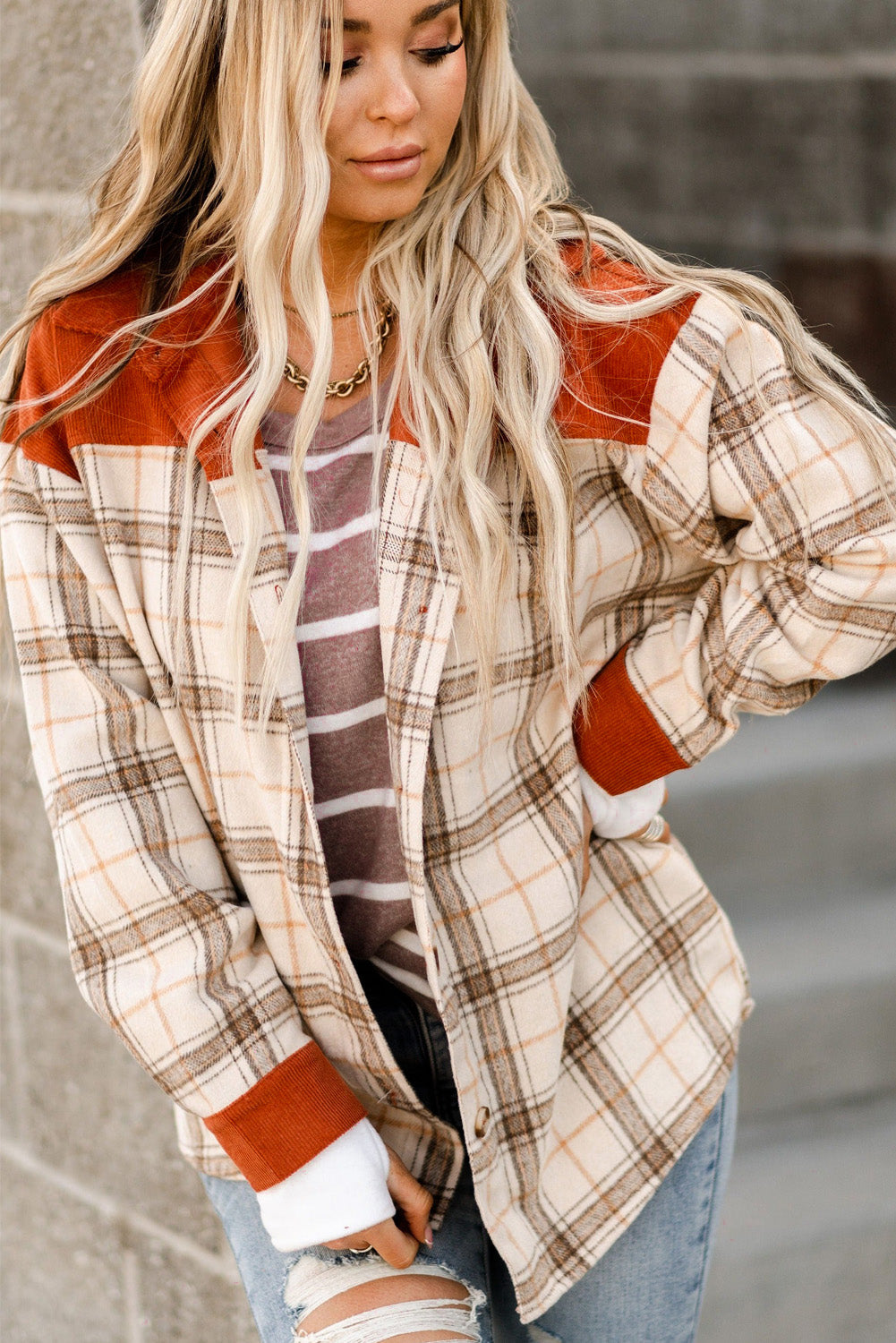Orange Contrast Corduroy Plaid Shacket