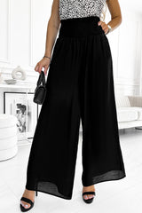 Black Frill Smocked High Waist Flowy Wide Leg Pants