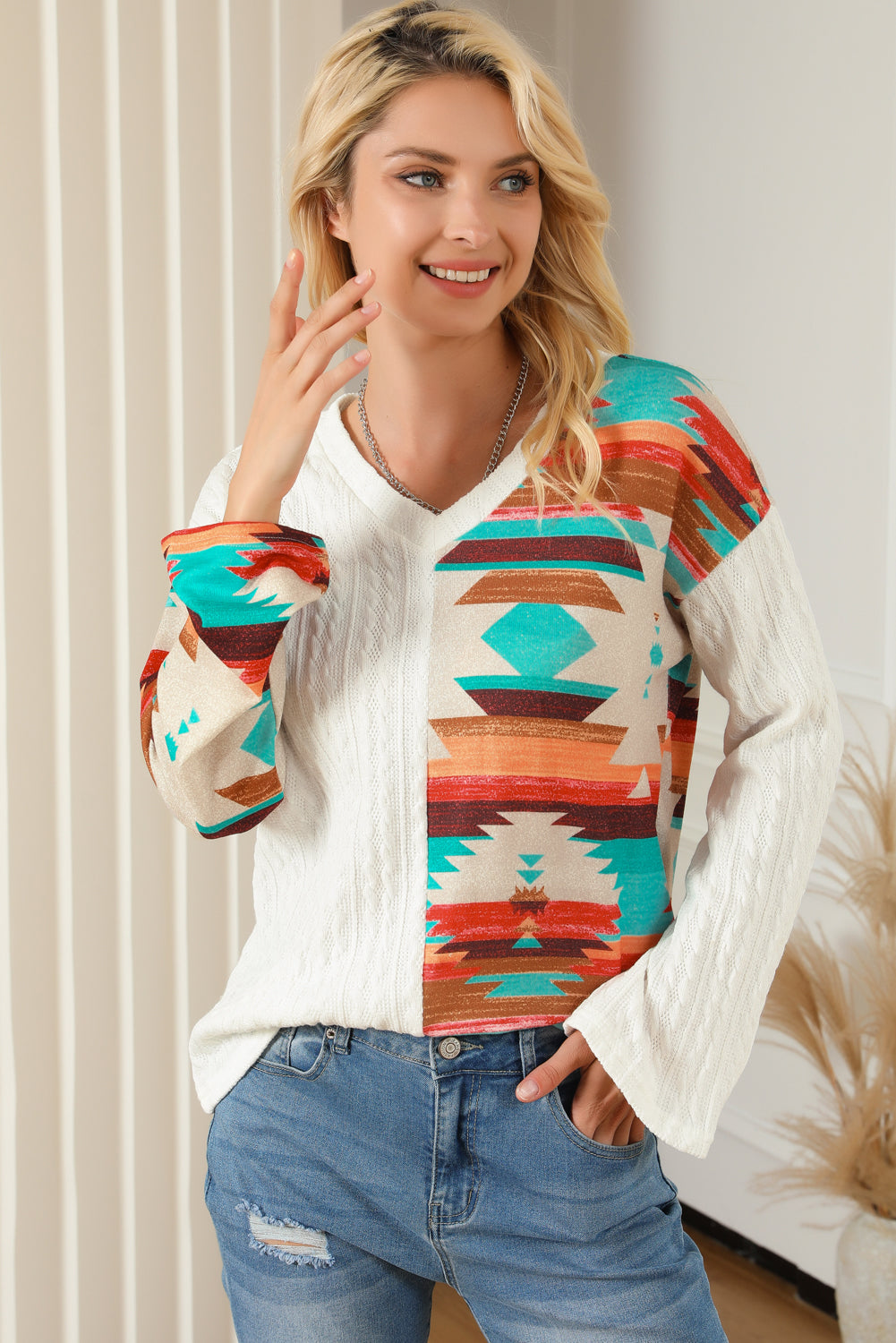 Beige Western Aztec Patch Textured Knit Top