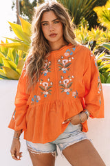 Orange Kimono Sleeves Embroidered Top