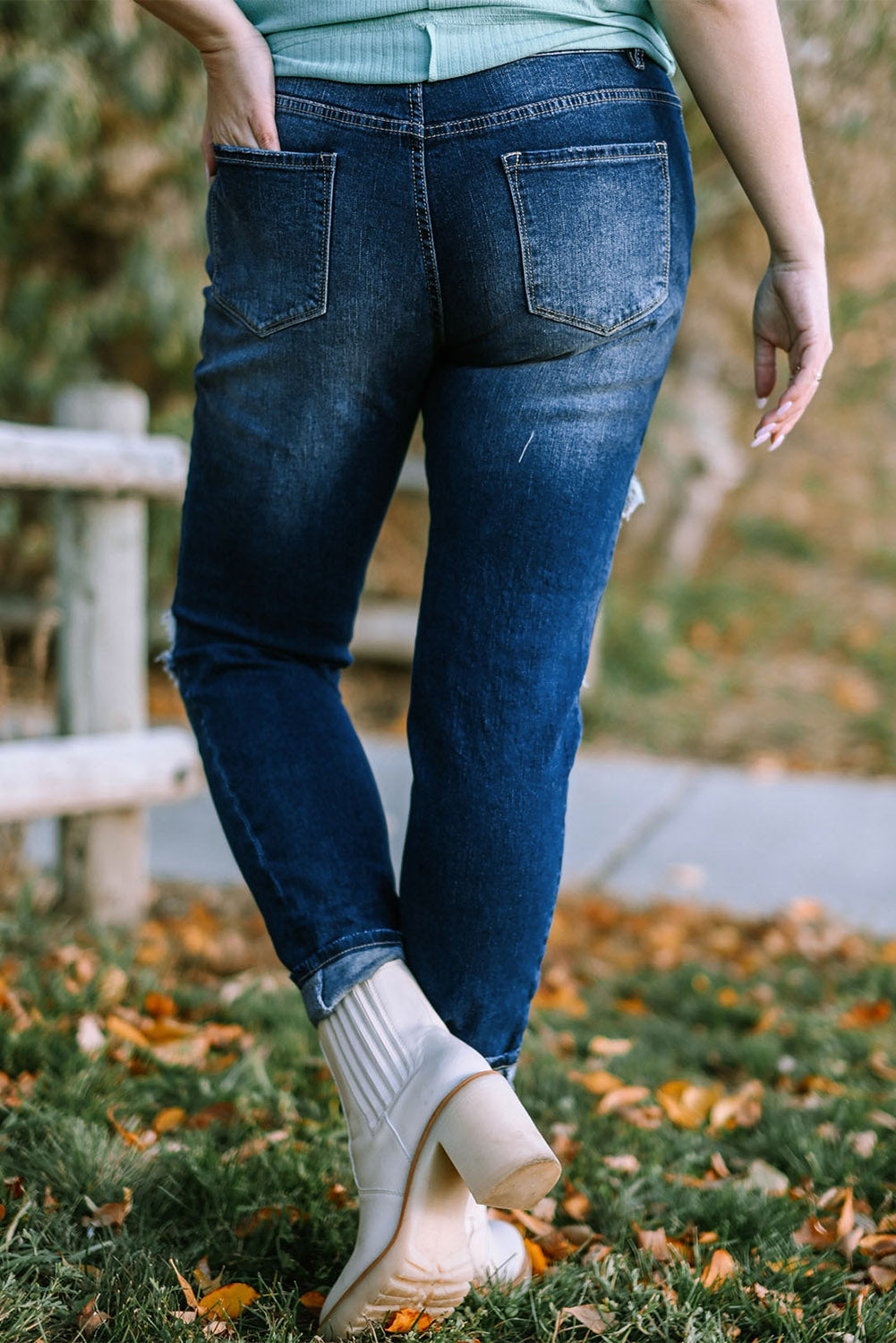 Blue Medium Wash Button Fly Distressed Plus Size Jeans