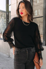 Black Sheer Lace Mesh Bishop Sleeve Top