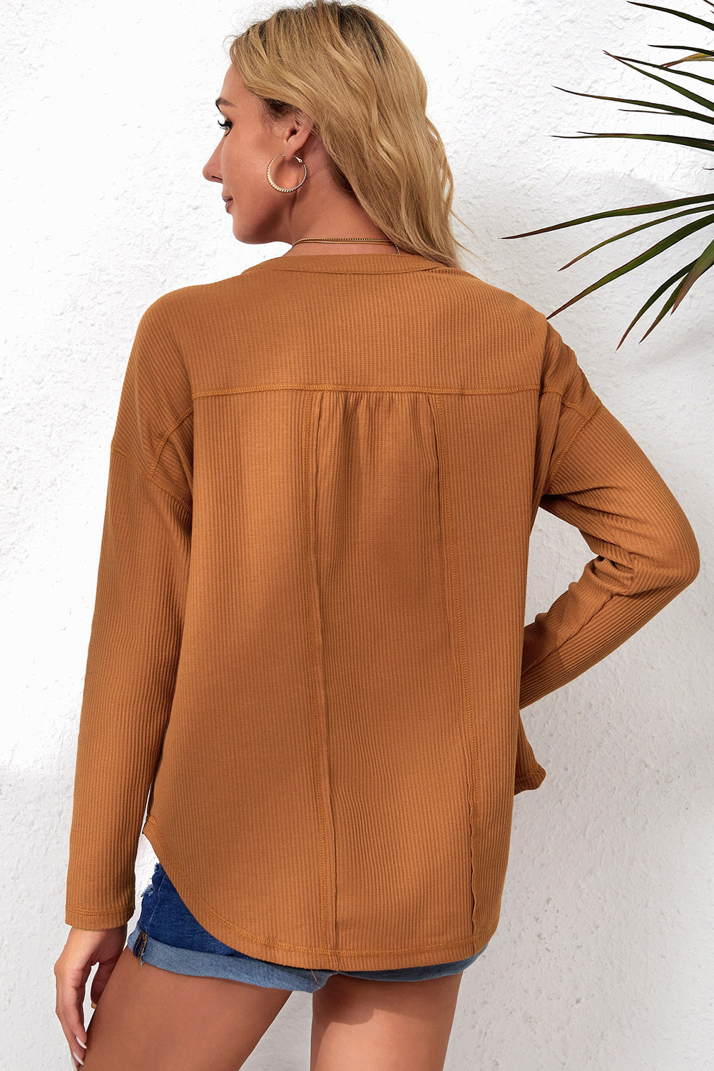 Brown Waffle Knit Half Button Henley Top