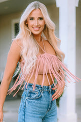 Pink Tassel Drawstring Bandeau Crop Tank Top