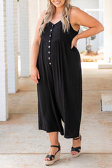 Black Buttons Sleeveless Wide Leg Plus Size Jumpsuit