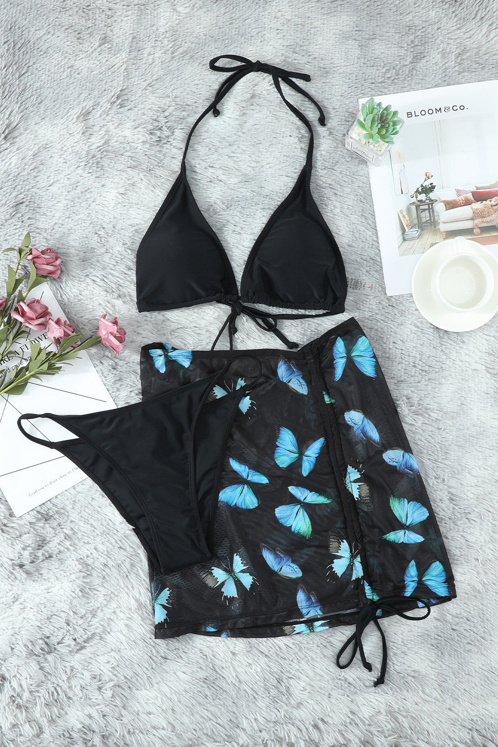 Black Halter Triangle Bikini with Drawstring Print Skirt